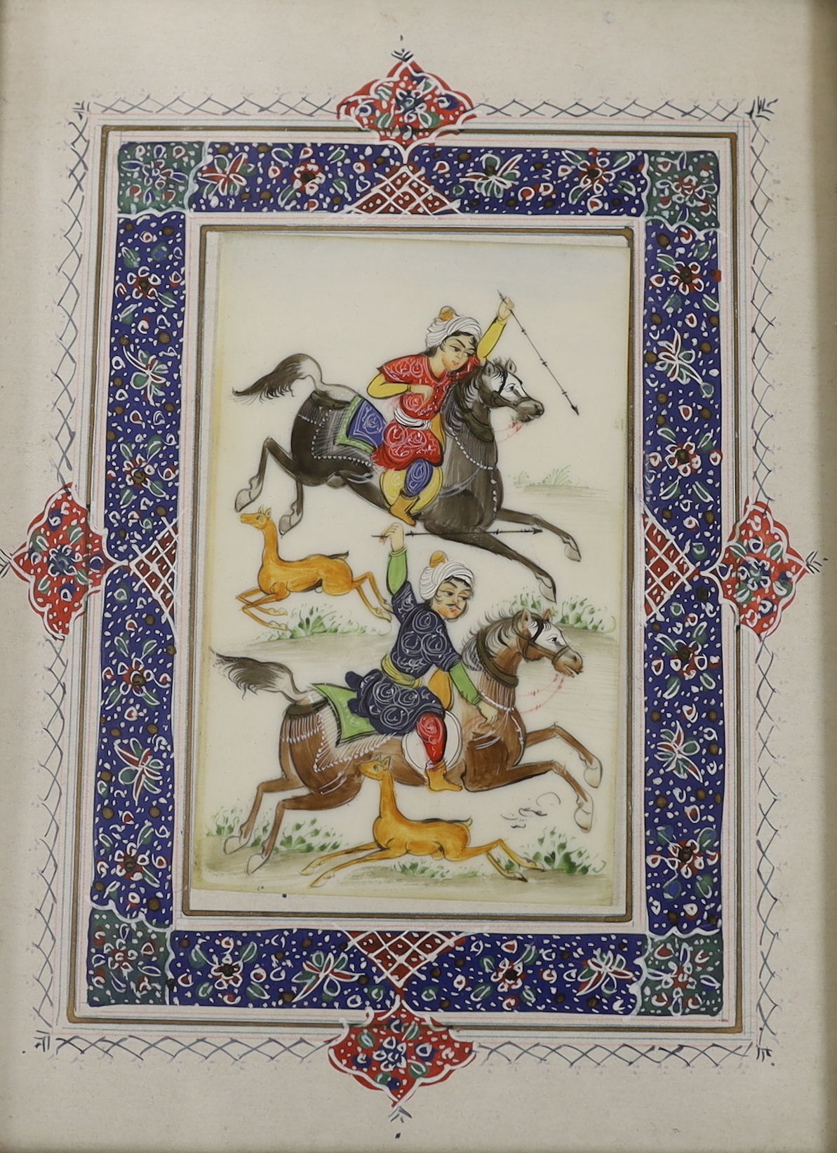 A collection of Persian and Indian illuminations, including processions, emperors and attendants and ink manuscripts, largest 31 x 24cm